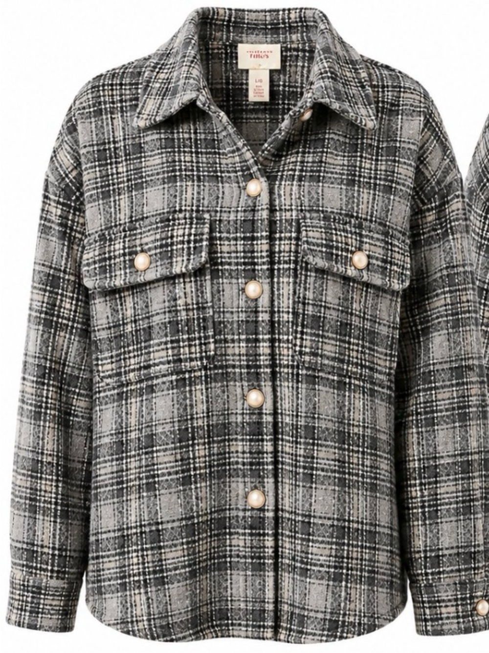 Women’s Plaid Shacket Size Large Grey Black Pearl Button Shirt Jacket